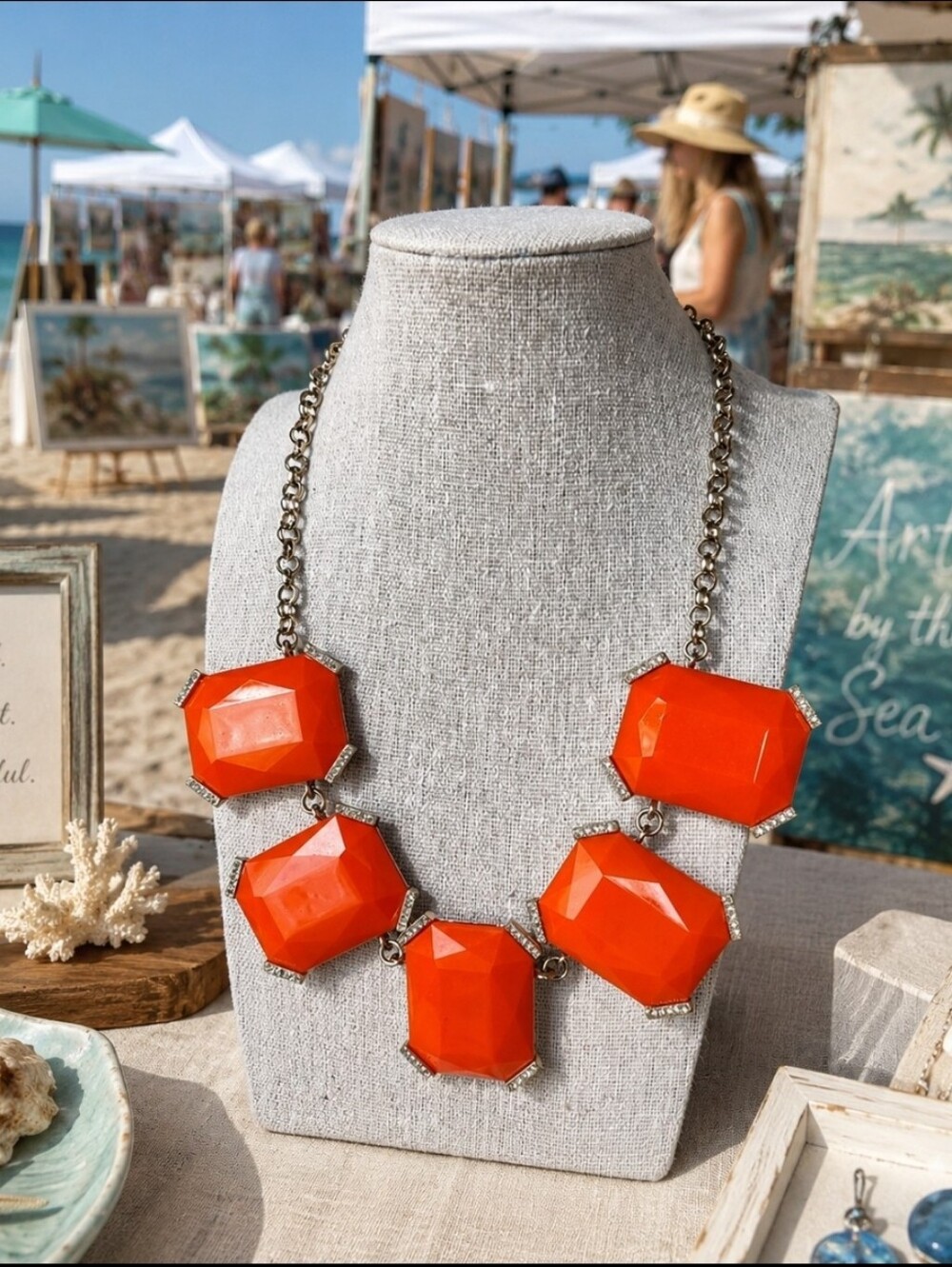 Banana Republic Bright Orange Statement Necklace Gold Tone Hardware Emerald Cut